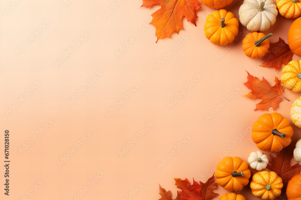 Thanksgiving flatlay with pumpkins and maple leaves on a pastel orange background, border frame, earth tones Thanksgiving flatlay with pumpkins and maple leaves on a pastel orange background, border frame, earth tones