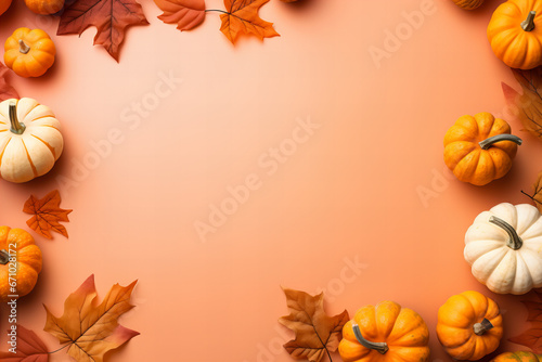 Thanksgiving flatlay with pumpkins and maple leaves on a pastel orange background  border frame  earth tones