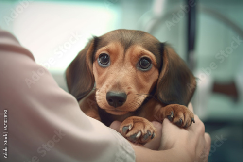 Cute little dachshund puppy in the hands of a veterinarian in the clinic.