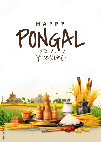 Tamil Nadu festival Happy Pongal with Pongal props, holiday Background, Indian Harvest Holiday
