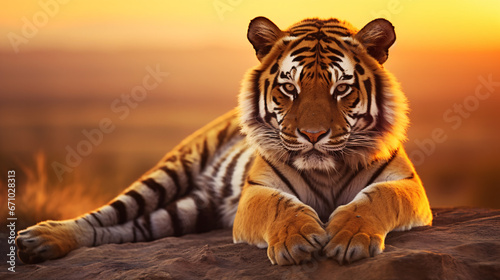 Tiger at Beautiful Orange Sunset  Reflecting the Wild Nature of the Jungle  Ideal for Nature-themed Designs and Artistic Displays