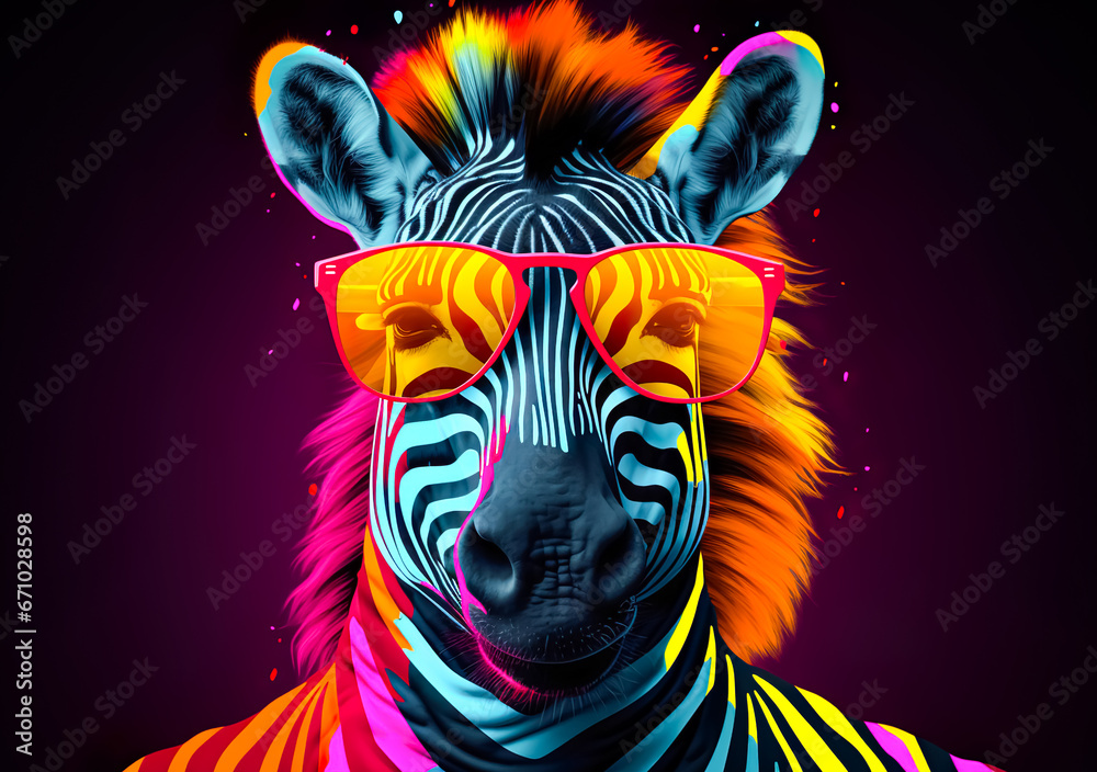 Fantasy zebra wearing glasses with multicolored style.funny wildlife in surreal surrealism art.creativity. and inspiration background. Fantasy zebra wearing glasses with multicolored style.funny wildlife in surreal surrealism art.creativity. and inspiration background.