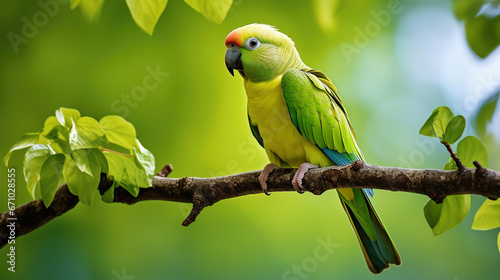 Ring-necked parakeet sits on a branch, nature photo photo