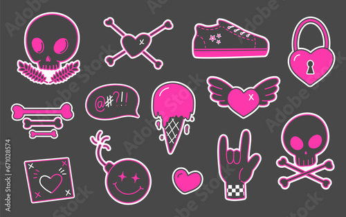 set of trendy emo stickers. 2000s aesthetic, skull, heart, bomb, ice cream, wings, rock sign, black and pink colors, vector illustration