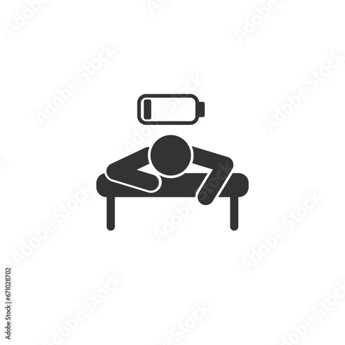 Tired person in the workplace, tiredness or burnout icon, low level energy in work battery, exhausted and sleepy man, thin line symbol - editable stroke vector illustration flat sign