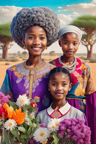 A mother with her children poses for a photograph holding a bouquet of flowers. In the background is the African savannah. Illustration. Digital painting. Generative AI. photo