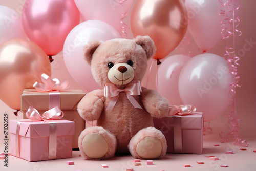 Happy birthday design with Pink Bear, gift box , balloon, Cute Blue Bear on Pink background © liliya