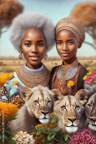 Portrait of two Afrikaner women posing for a photo with young lions against the backdrop of the Afrikan savannah. Illustration. Digital painting. Generative AI.