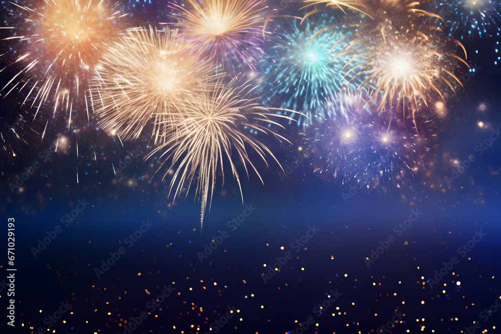 Fototapeta premium abstract gold, black and blue glitter background with fireworks. christmas eve, 4th of july holiday concept