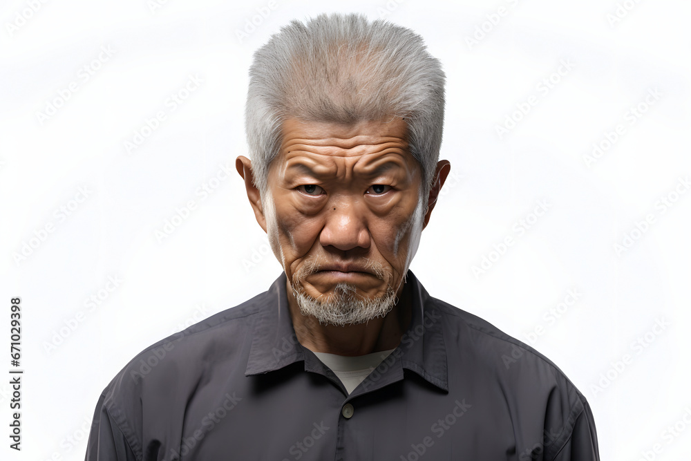 Angry mature Asian man, head and shoulders portrait on white background. Neural network generated image. Not based on any actual person or scene. Angry mature Asian man, head and shoulders portrait on white background. Neural network generated image. Not based on any actual person or scene.