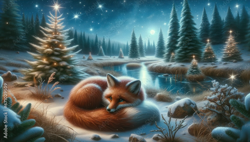 Magical Christmas fox, curled up in a snowy glade, tail wrapped around for warmth. Frozen pond reflecting stars, pine trees dusted with snow. - obrazy, fototapety, plakaty 