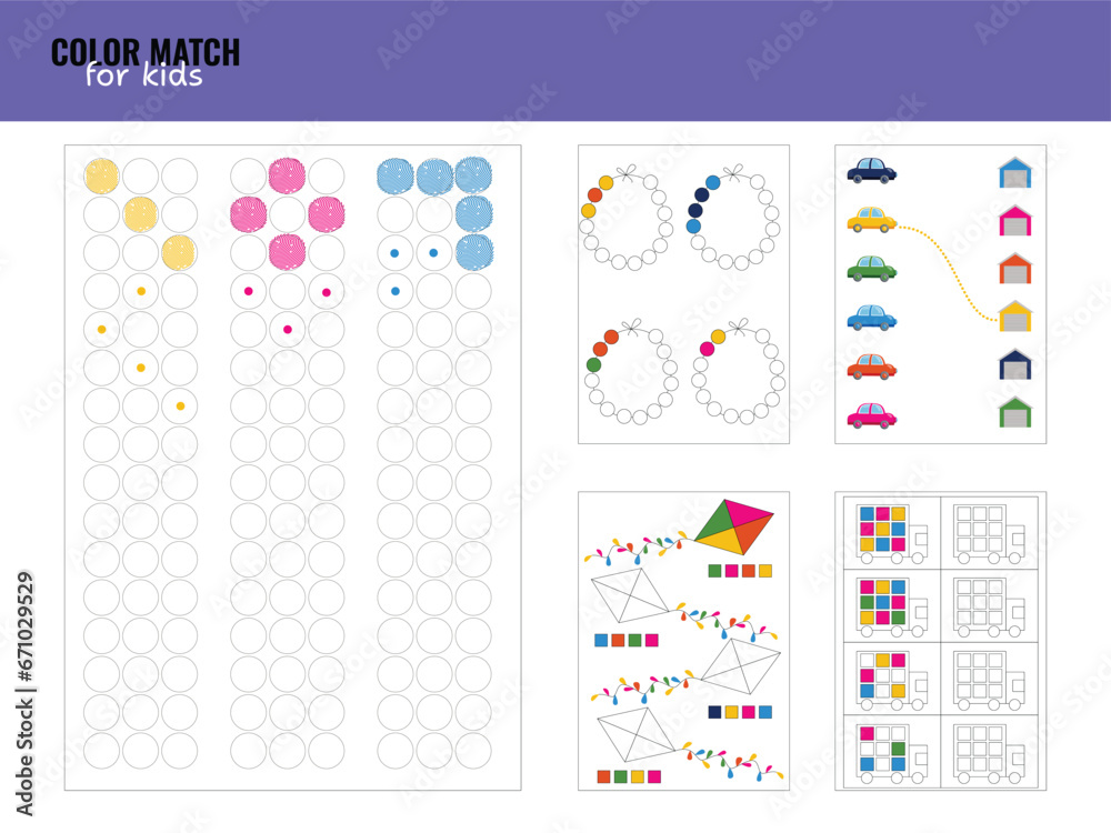 Children activities worksheet. Printable simple shape and color match logic task for preschool. Logic tasks for children