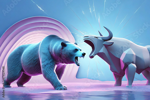 A bearish bear and a bullish bull face each other in the face of uncertainty in the financial markets photo