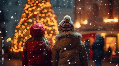 Kids looking at huge Christmas tree outside on the street. Children in warm winter clothes, backs turned to camera. Big fir tree decorated with bright magic lights. Snowy winter evening