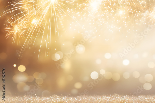 abstract gold glitter background with fireworks. christmas eve  new year and 4th of july holiday concept.