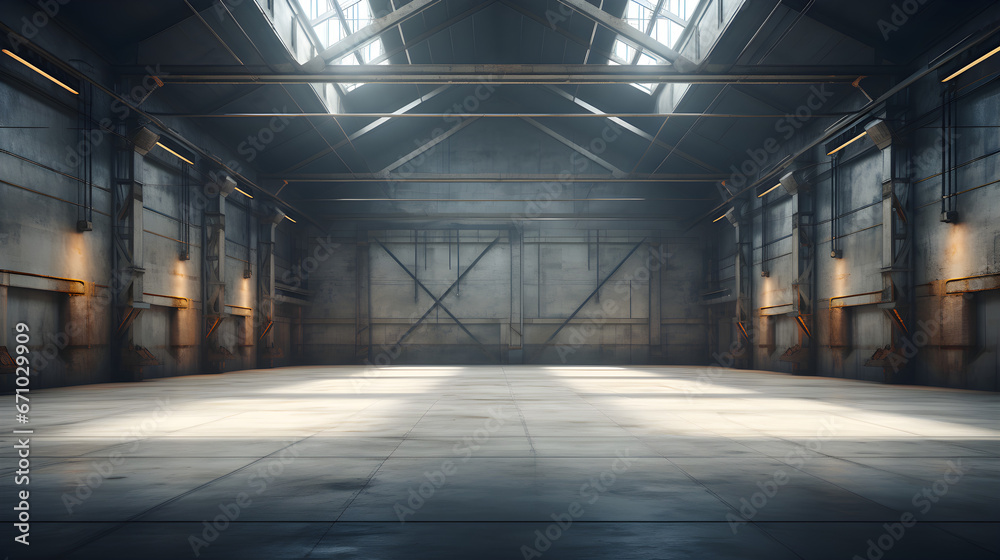 Empty warehouse interior, illustrated in 3D,