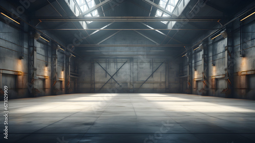 Empty warehouse interior, illustrated in 3D, © ELmidoi-AI