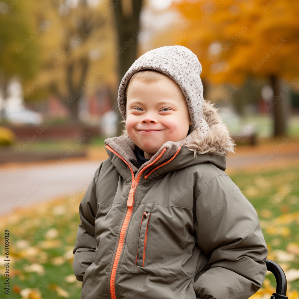 boy with Down syndrome, child with disability, cute cheerful happy child outdoor, childhood genetic diseases boy with Down syndrome, child with disability, cute cheerful happy child outdoor, childhood genetic diseases