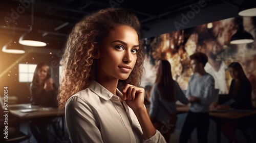 Portrait of a beautiful woman in an evening club, with people chatting in the background.