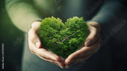 hands holding green heart shaped tree / tree arranged in a heart shape / love nature / save the world / heal the world / environmental preservation