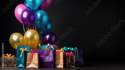 gift boxes and bags for shopping, balloons on a dark background, black friday, sale, discounts, shopping, store, marketing, goods, holiday, celebration, new year, shiny, colored