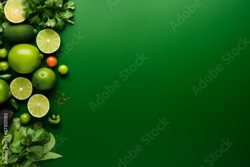 Banner with lemons, limes, herbs and green vegetables on the green background, copy space, food art