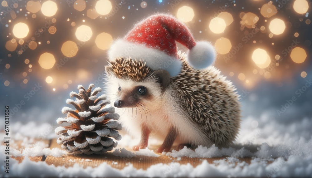 Fototapeta premium Digital render di un riccio che indossa un piccolo cappello di Babbo Natale, che ispeziona con curiosità una pigna coperta di neve, con luci scintillanti sullo sfondo.