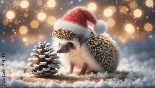 Digital render di un riccio che indossa un piccolo cappello di Babbo Natale, che ispeziona con curiosità una pigna coperta di neve, con luci scintillanti sullo sfondo. photo