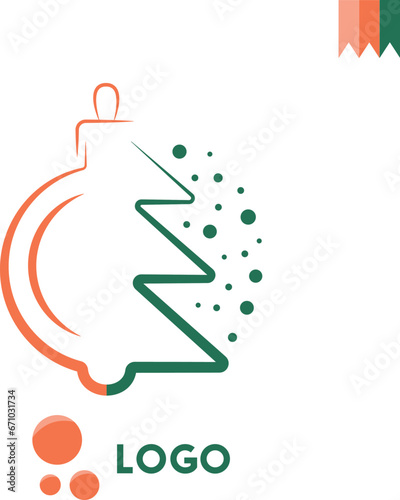 Christmas tree with toys, Christmas tree logo, green and coniferous Christmas tree, round Christmas tree toy with falling snowflakes