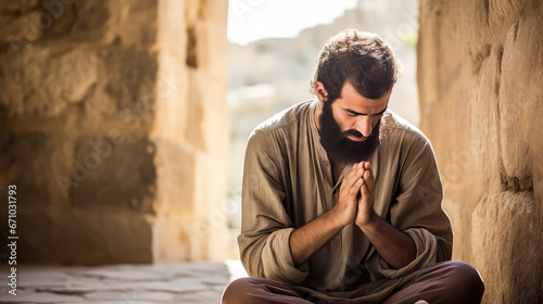 Senior bearded man portrait with hands in praying position