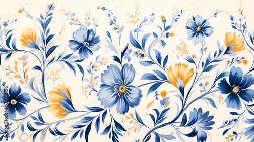 Solid blue floral pattern design  floral miniatures in block print design as hand drawn watercolor drawing. Abstract art watercolor background.