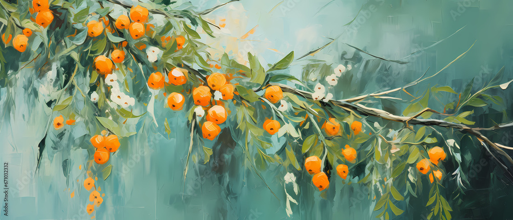 sea buckthorn berries scattered on a dark green background, texture painting with oil brush stroke, palette knife paint on canvas sea buckthorn berries scattered on a dark green background, texture painting with oil brush stroke, palette knife paint on canvas