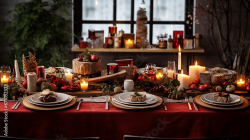 Large breakfast dinner table on a table with festive atmosphere in  light brown and red © khozainuz