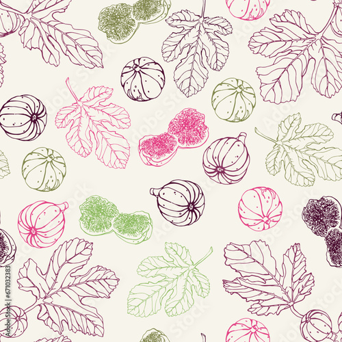 Vector seamless pattern with figs. Hand drawn textures. Elegant seamless botanical pattern for paper, fabric, wallpaper, surface design