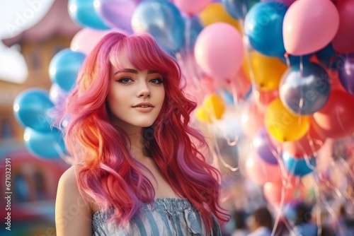 A happy young girl with red hair in the park on the background of colorful balloons. Kidcore style.