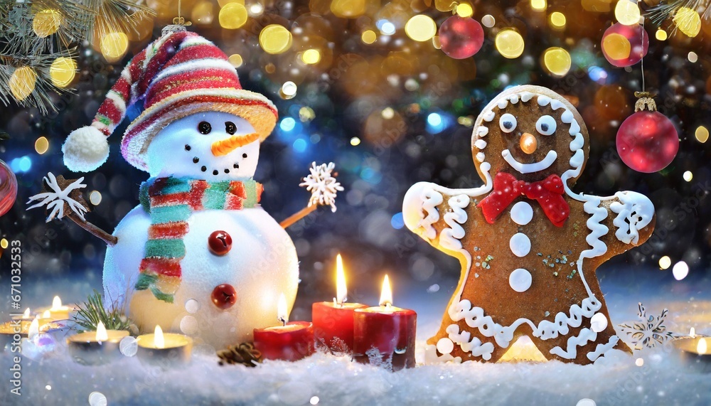 Christmas decoration with candle and snowman and Santa Claus