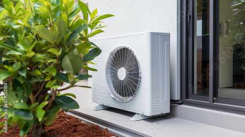outdoor unit of a modern heat pump  standing by the wall photo