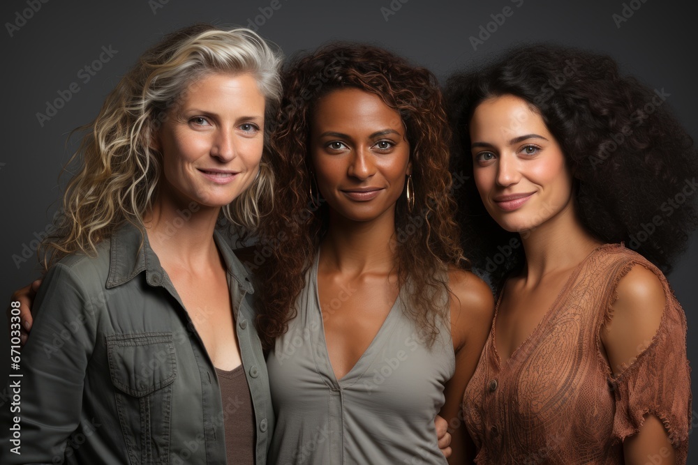 Half-length portrait of three cheerful young diverse multiethnic women. Female friends smiling at camera while posing together. Diversity, beauty, friendship concept. Isolated over grey background. Half-length portrait of three cheerful young diverse multiethnic women. Female friends smiling at camera while posing together. Diversity, beauty, friendship concept. Isolated over grey background.