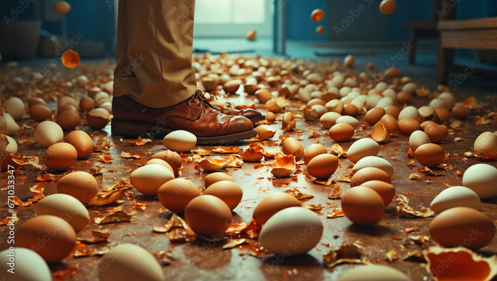 cautious approach Walking on Eggshells with Mindful Steps and Diplomatic Care, fragile balance, careful actions, considerate choices, empathy, tactful decisions - obrazy, fototapety, plakaty 