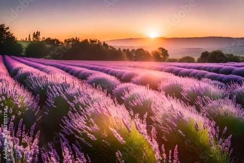 Photograph a sunset over a lavender field, focusing on the soft, pastel hues of the sky againsttones of the flowers