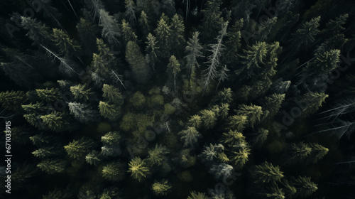 Aerial top view green forest, pine trees, Spruce trees. Drone photo. Aerial landscape of green pine spruce woods. A bird's eye view. Nature background, forest scene, outdoor photography. 