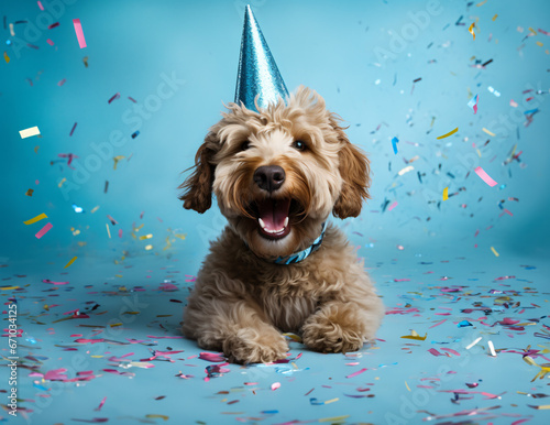 Happy cute labradoodle dog wearing a party hat celebrating at a birthday party, surrounding by falling confetti on solid light blue background