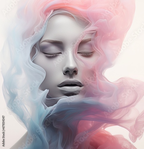 Illustration of a beautiful woman, closeup. She closed her eyes, white face with a colorful pastel minimal smoke around her head. Creative concept.