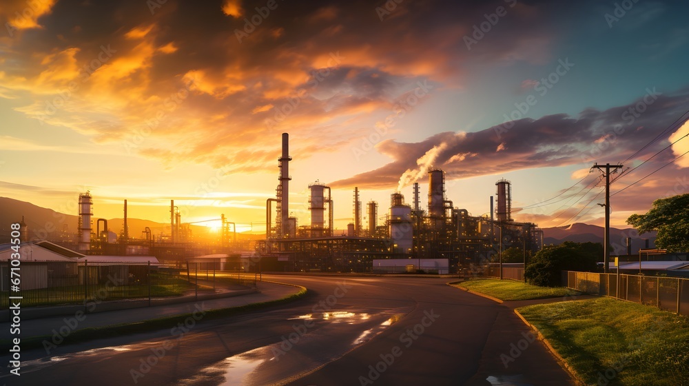 Industry at dusk, wide-angle shot capturing the serene beauty of an industrial zone as it's bathed in the golden hues of sunset, juxtaposing industry's might with nature's elegance.