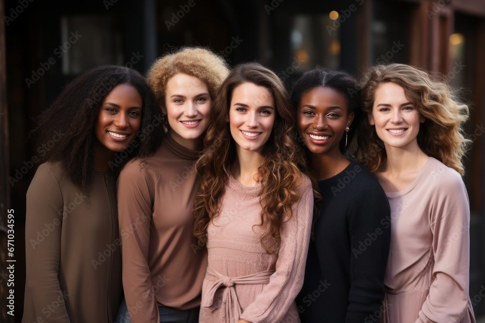 Half-length studio portrait of five cheerful young diverse multiethnic women. Female friends in beautiful dresses smiling at camera while posing together. Diversity, beauty, friendship concept.