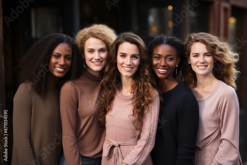 Half-length studio portrait of five cheerful young diverse multiethnic women. Female friends in beautiful dresses smiling at camera while posing together. Diversity, beauty, friendship concept.