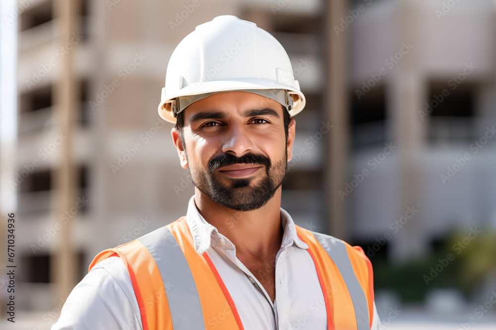 Smiling Builder Radiates Confidence Before Incomplete Building Smiling Builder Radiates Confidence Before Incomplete Building