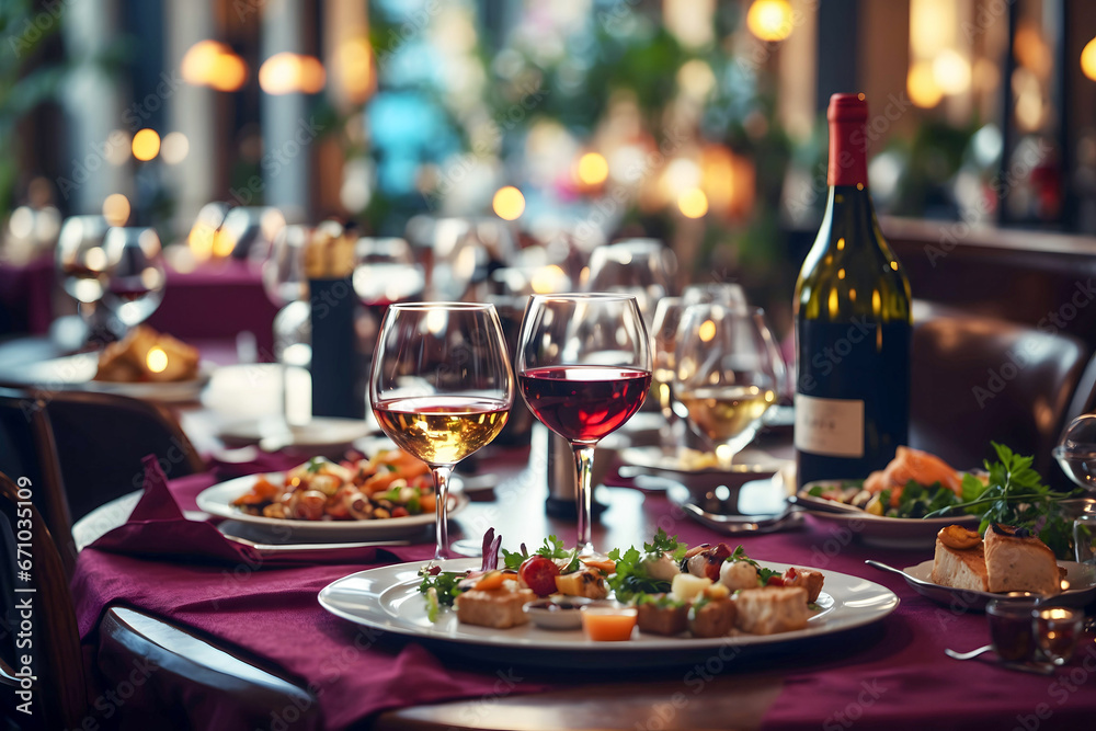 Food and drinks on the table of a stylish and modern restaurant