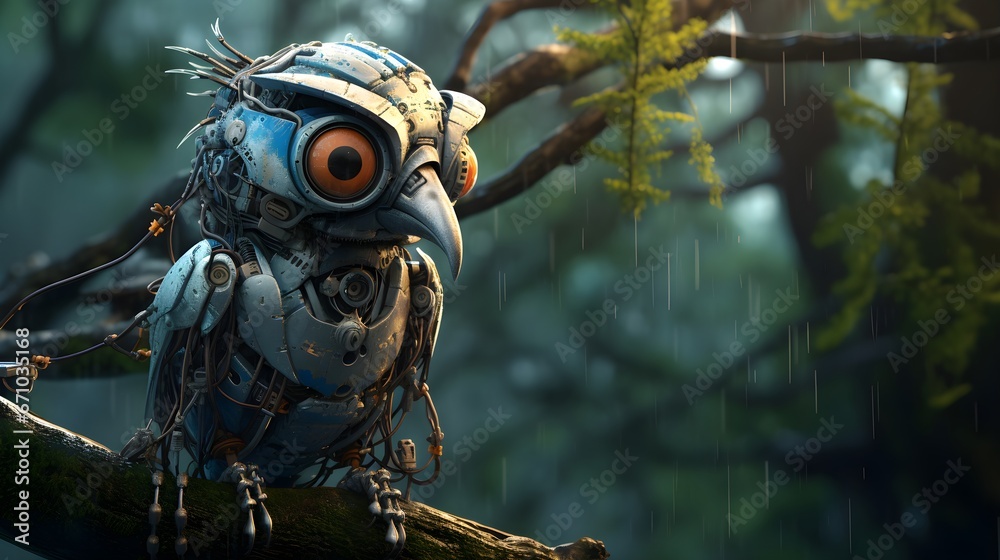 Vibrant Robot Bird Perched on Branch in Beautiful Scenery