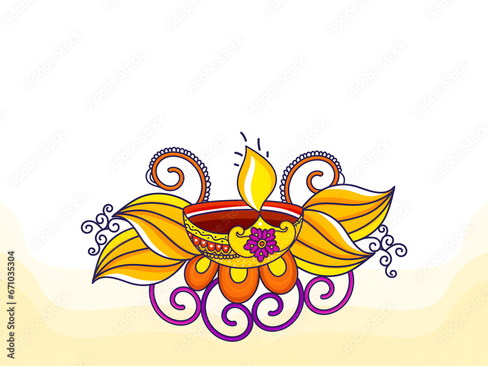 Happy Diwali Concept with Lit Oil Lamp (Diya) In Floral Pattern.